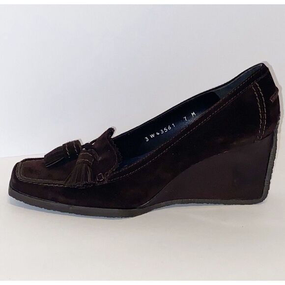 Stuart Weitzman Wedge Loafer Heel Suede Tassel Size 7 Classic Brown Y2K Retro - Picture 8 of 16